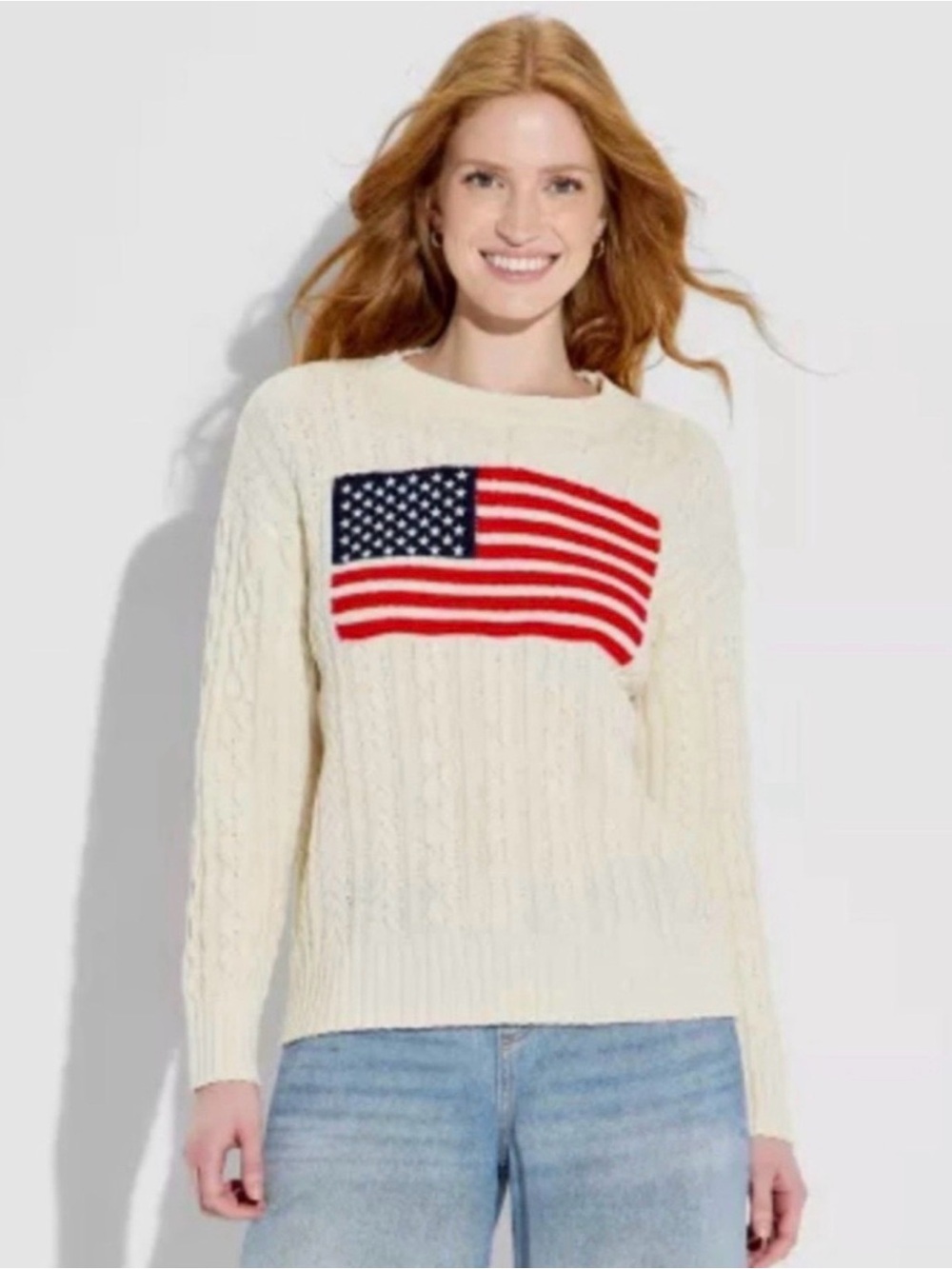 Wild Fable American Flag Crew neck Cable knit sweater Medium